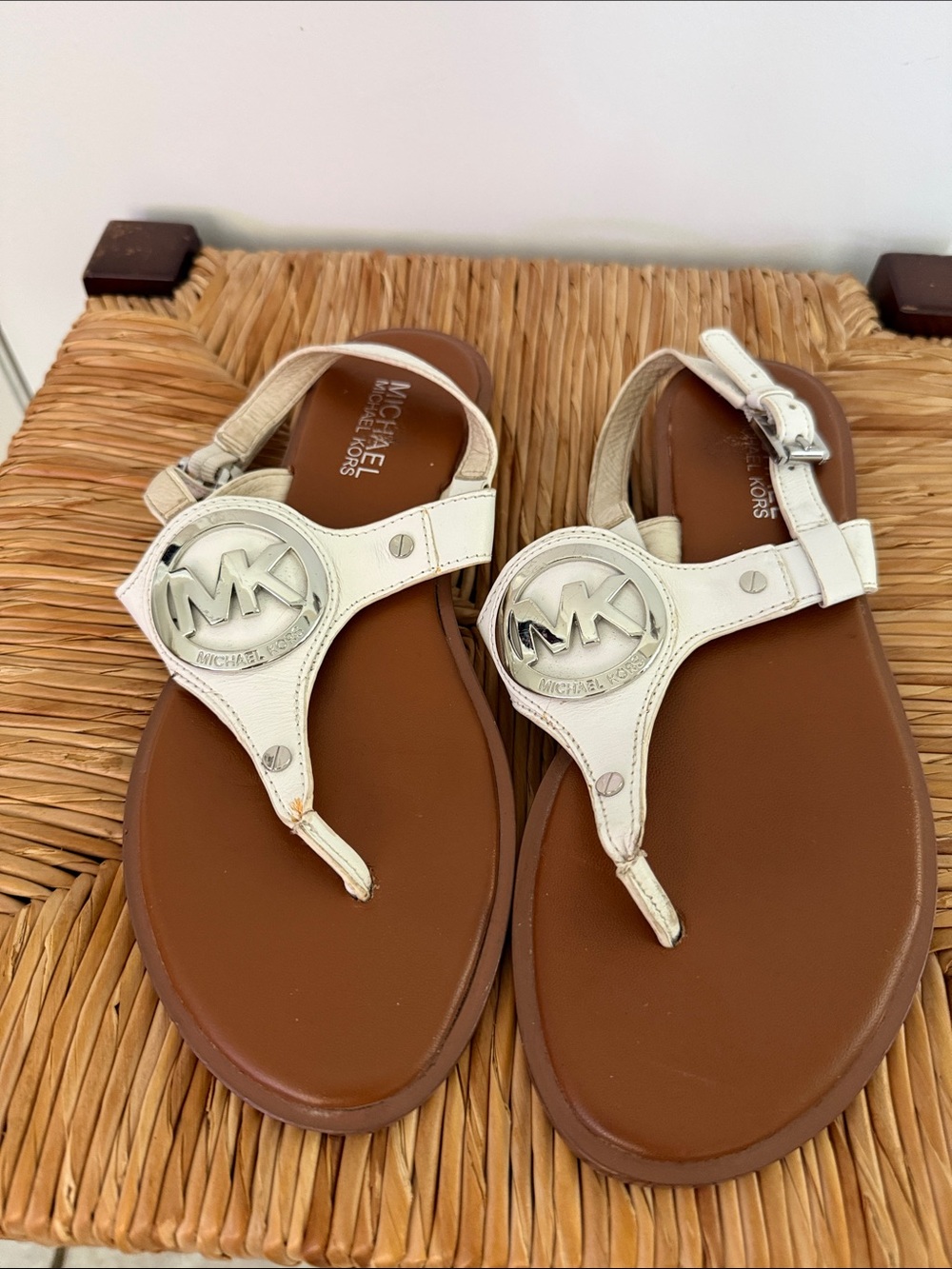 Michael Kors White and Brown Logo Thong Sandals